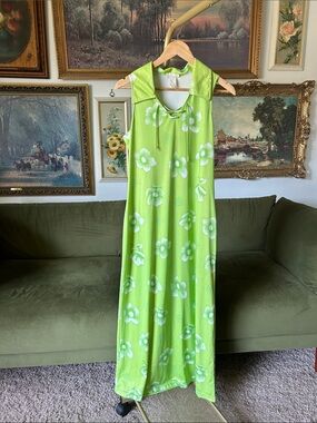 Vintage Lime Green Floral Maxi Dress with Collar